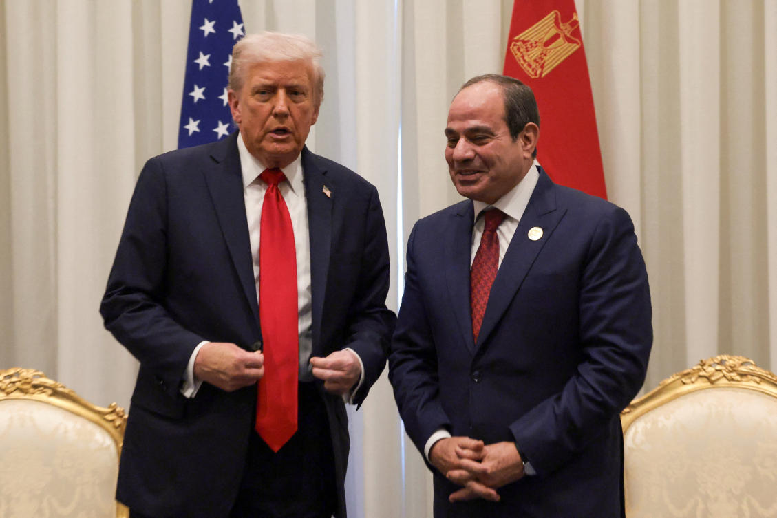 US President Donald Trump and Egyptian President Abdel Fattah El-Sisi meet ahead of a world leaders’ summit on ending the Gaza war, in Sharm El-Sheikh, Egypt, October 13, 2025. (Reuters)