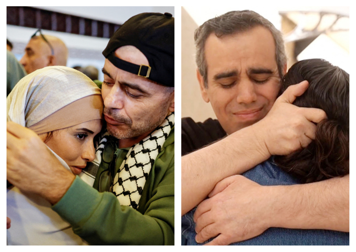(L/R) A freed Palestinian is hugged by a relative in Ramallah, in the Israeli-occupied West Bank, October 13, 2025 and Israeli hostage Omri Miran received by a family member in Israel. (AFP)