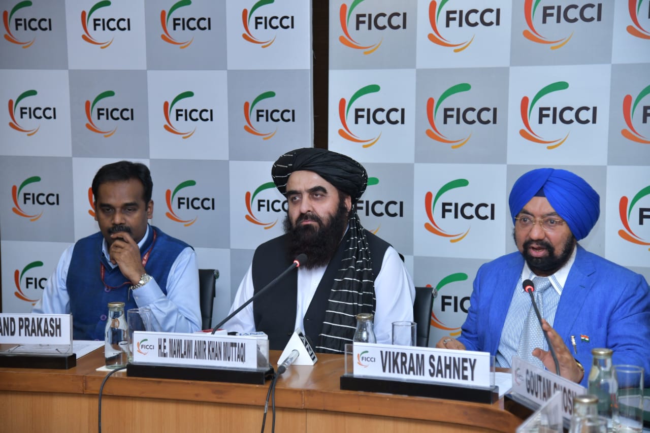 Taliban Foreign Minister Amir Khan Muttaqi meets members of the Federation of Indian Chambers of Commerce and Industry in New Delhi on Oct. 14, 2025. (FICCI)