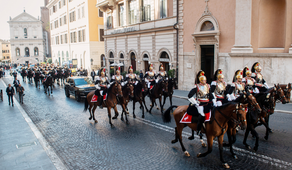 Mounted cuirassiers escort Pope Leo XIV as he arrives in a car at the Quirinale Presidential Palace in Rome, Tuesday, Oct. 14, 2025. (AP)