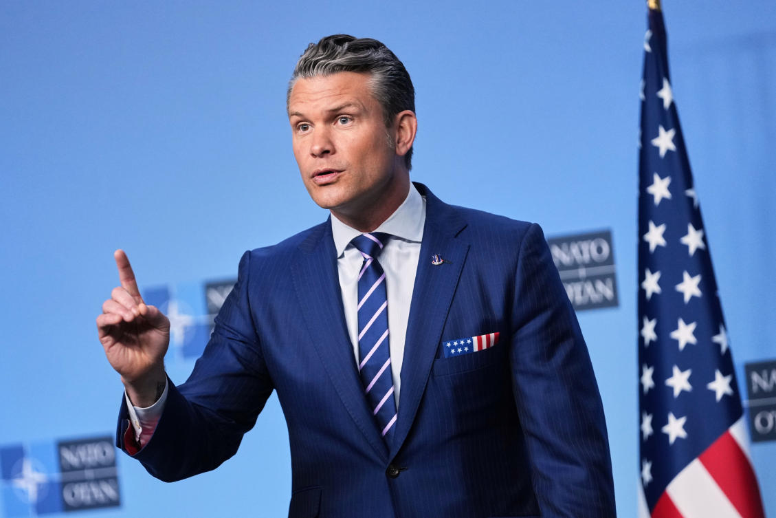 US Defense Secretary Pete Hegseth speaks as he arrives for a meeting of NATO defense ministers at NATO headquarters in Brussels. (AP)