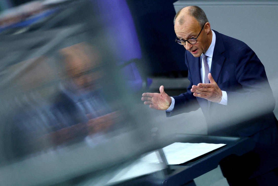 German Chancellor Friedrich Merz delivers a government declaration on the upcoming European Council meeting in Berlin, Germany, October 16, 2025. (REUTERS)