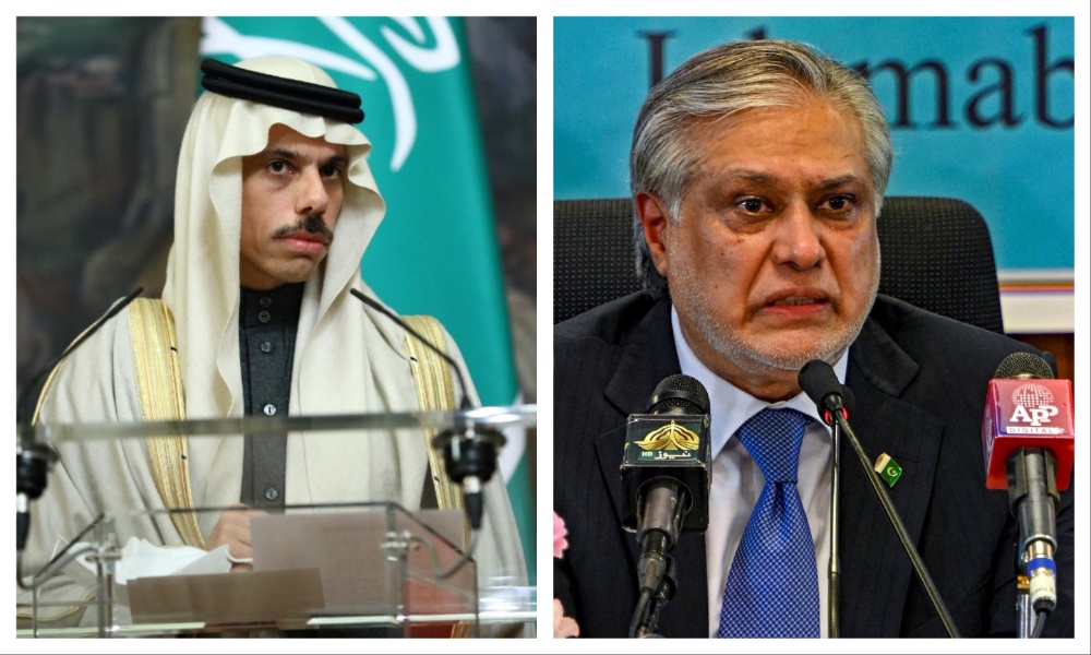 Saudi Foreign Minister Prince Faisal bin Farhan held a phone call on Thursday with his Pakistani counterpart Ishaq Dar. (File/AFP)