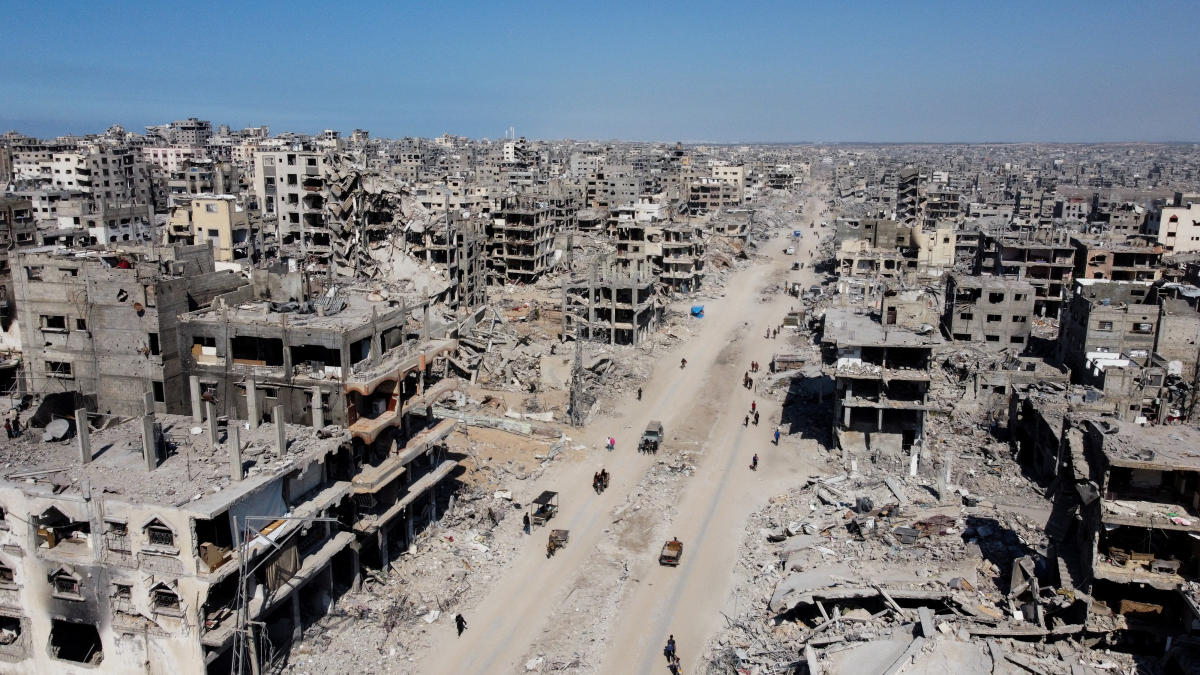 A drone view shows the destruction in a residential neighborhood, following the withdrawal of the Israeli forces from the area, amid a ceasefire between Israel and Hamas in Gaza, in Gaza City, October 16, 2025. (Reuters)