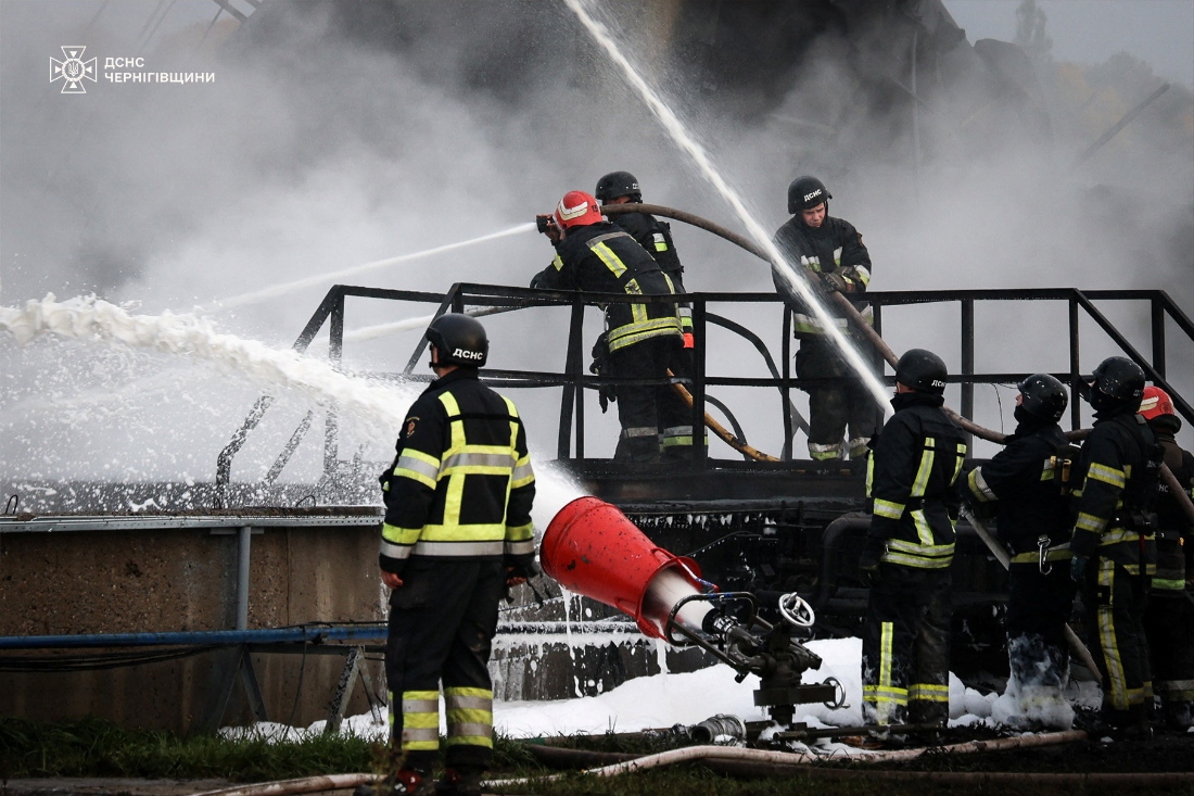 Firefighters work at the site of a critical infrastructure facility hit by a Russian drone strike, amid Russia's attack on Ukraine, in Chernihiv region, Ukraine. (Press service of the State Emergency Service of Ukraine in Chernihiv region)