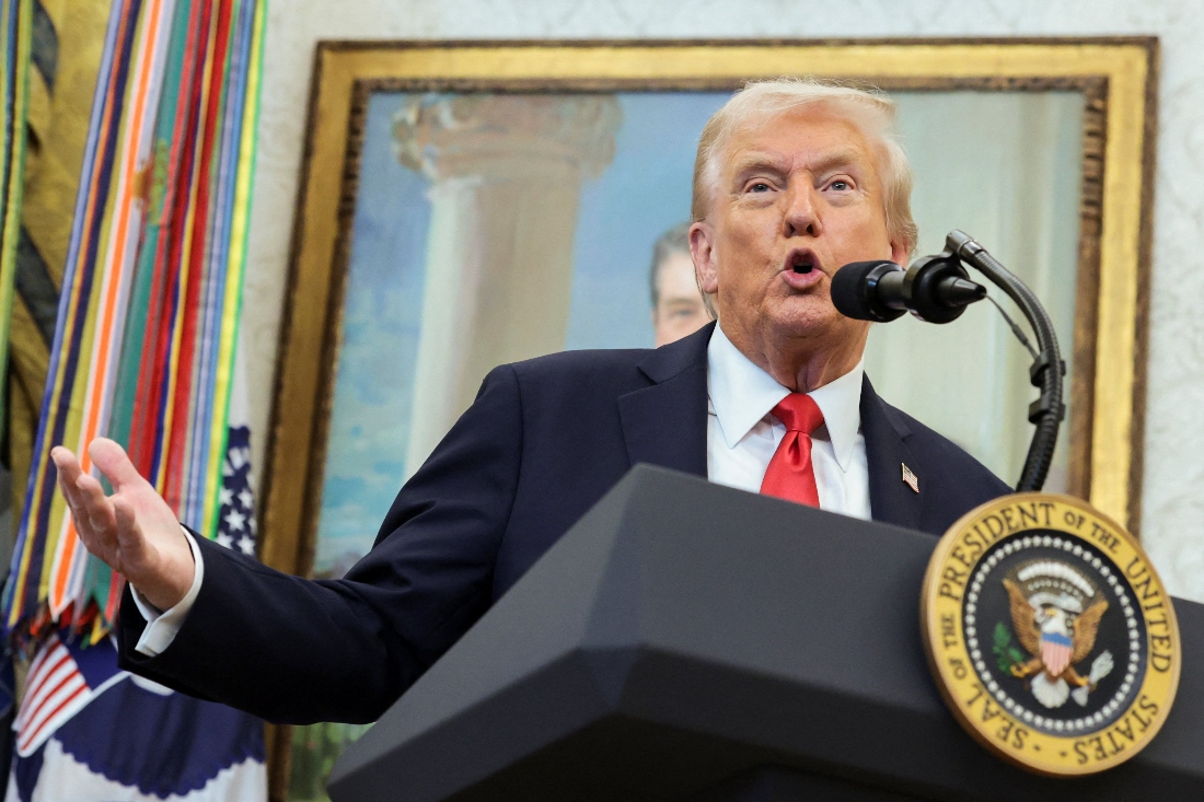 U.S. President Donald Trump speaks during an event at the Oval Office at the White House in Washington. (Reuters)