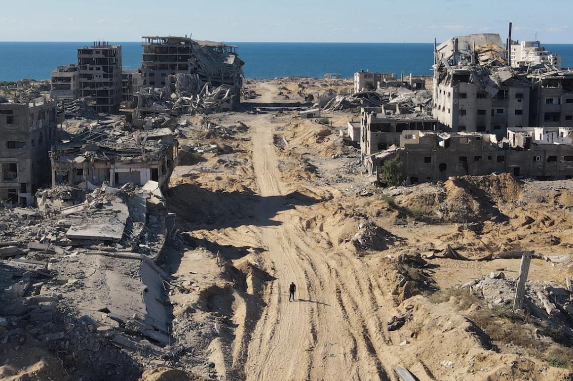 An aerial view shows the Al-Maqussi Towers district, heavily damaged by massive Israeli bombardment over the past two years, in northwestern Gaza City on October 15, 2025, during a US-brokered ceasefire between Israel and Palestinian factions. (FILE/AFP)