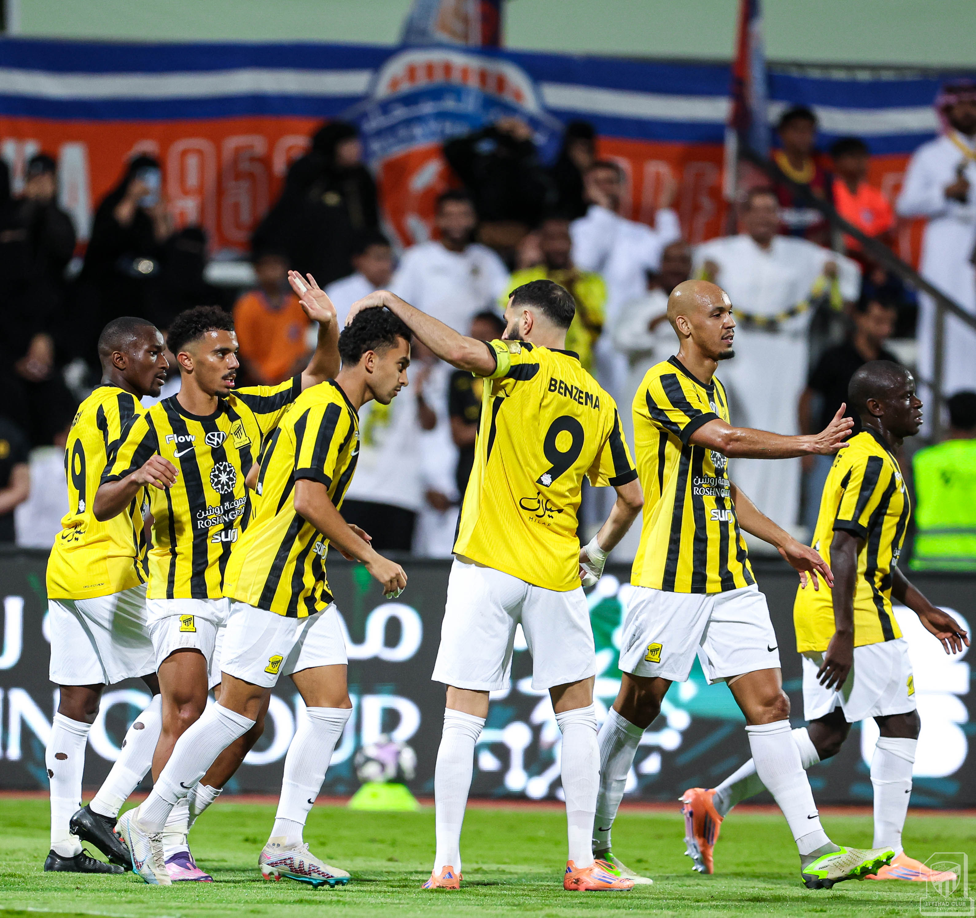 Al-Ittihad players celebrate Ahmed Al-Ghamdi's equalizer in the 1-1 draw against Al-Fayha. (X/@ittihad_en)