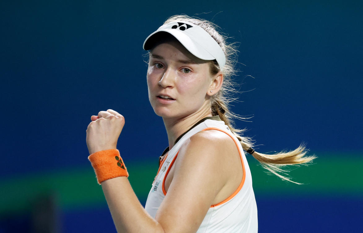 Above, Kazakhstan’s Elena Rybakina celebrates winning the final against Russia’s Ekaterina Alexandrova. (Reuters)