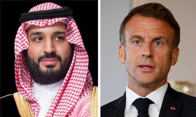 Crown Prince Mohammed bin Salman received a phone call on Sunday from French President Emmanuel Macron to discuss Gaza developments. (SPA/AFP/File Photo)