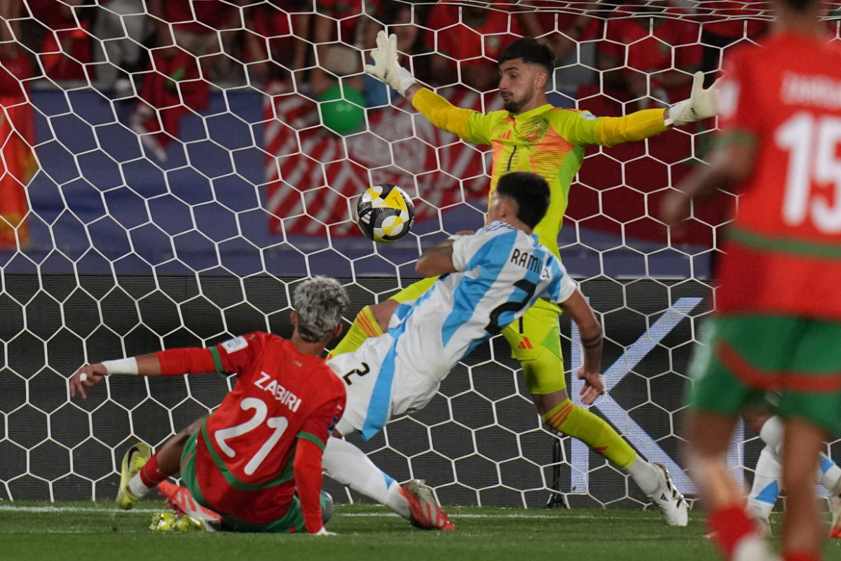 Morocco's Yassir Zabiri scores his side's second goal against Argentina during the FIFA U-20 World Cup final soccer match in Santiago, Chile, on Oct. 19, 2025. (AP)
