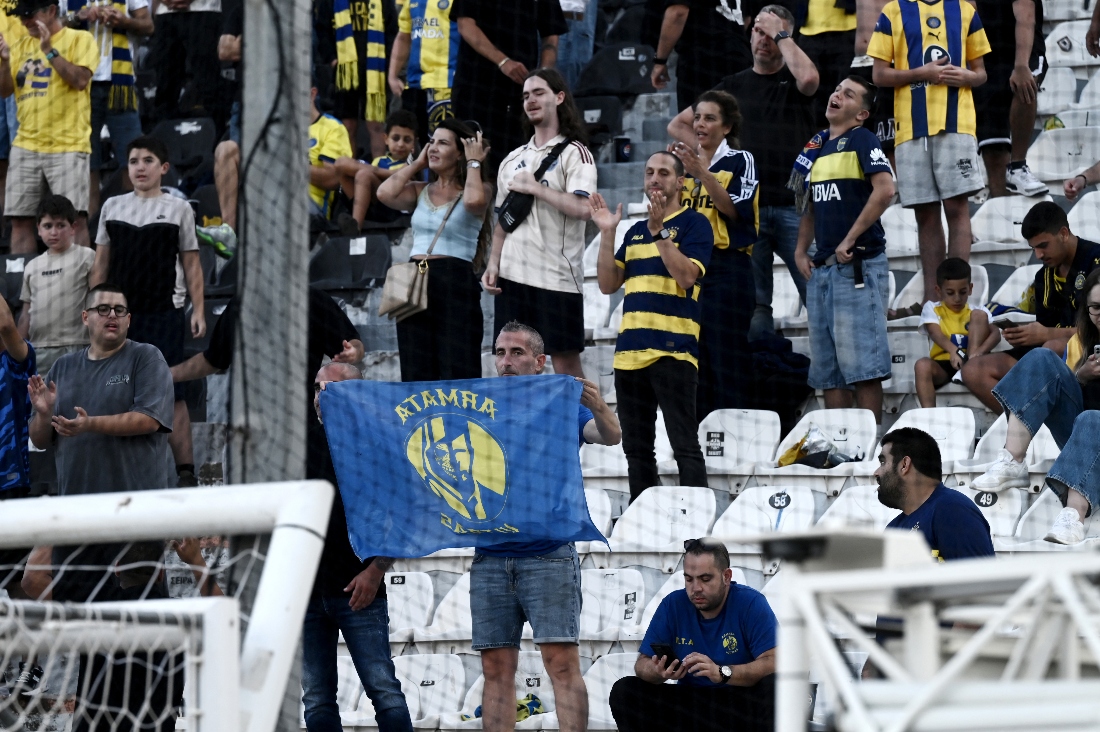 Maccabi's supporters gather in the stands before the UEFA Europa League football match day 1, between PAOK Salonika and Maccabi Tel-Aviv at the Toumba Stadium, in Thessaloniki on September 24, 2025. (AFP)