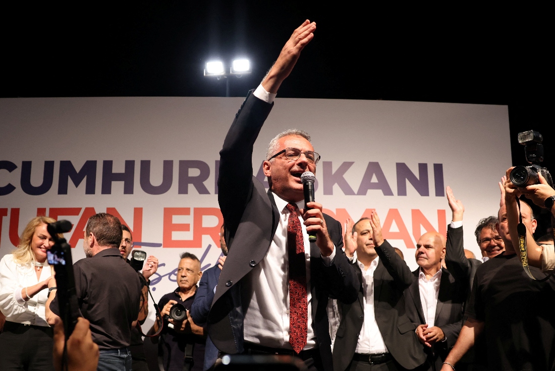 New Turkish Cypriot leader Tufan Erhurman celebrates winning the Turkish Cypriot elections in the divided capital Nicosia, Cyprus. (Reuters)
