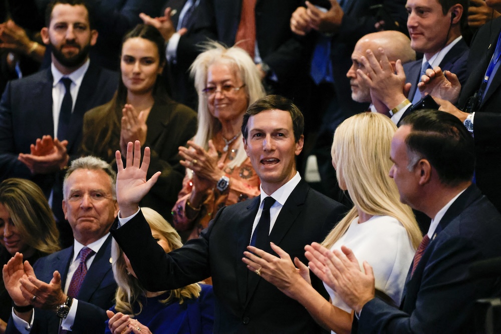 Presidential son-in-law Jared Kushner, center, at the Knesset before US president Donald Trump delivers an address to the Israeli parliament on Oct. 13, 2025. (AFP)