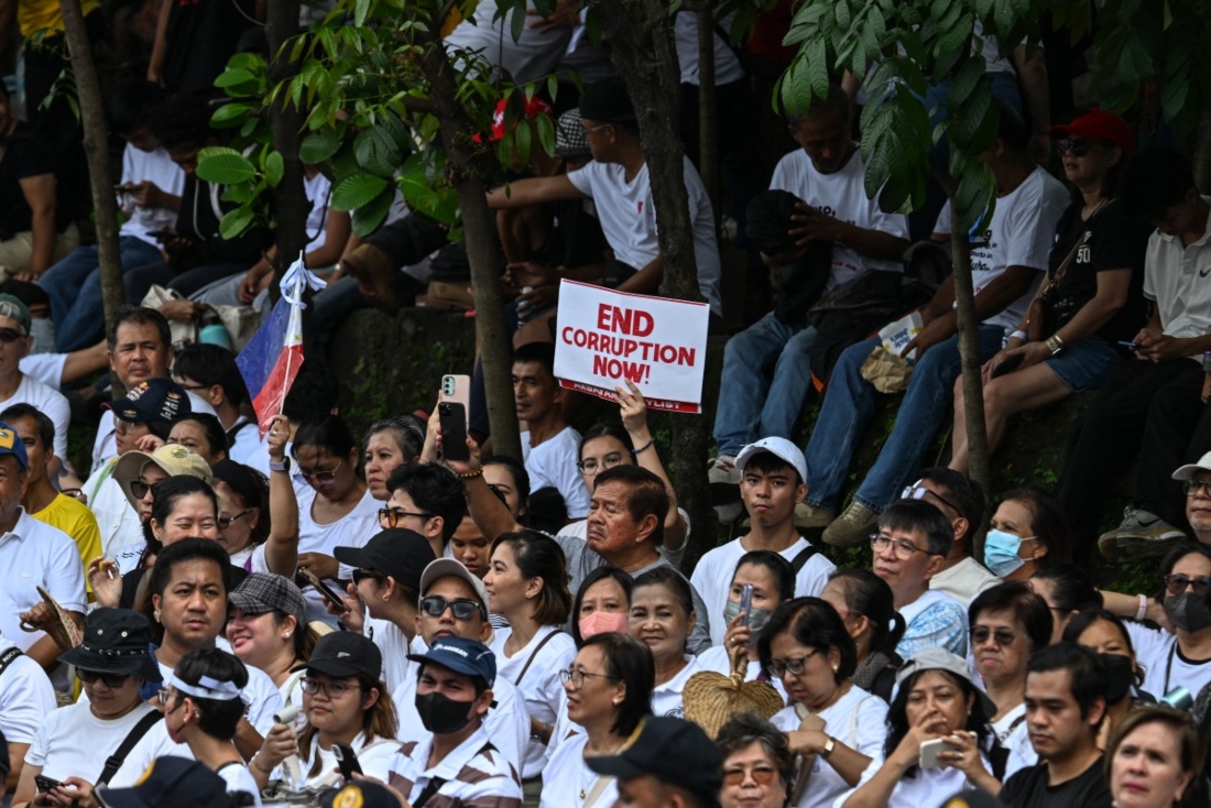 Protesters demonstrate against corruption following revelations of bogus flood control projects, one of the Philippines’ biggest corruption scandals in decades, at the People Power Monument in Quezon City, Metro Manila, on Sept. 21, 2025. (AFP)