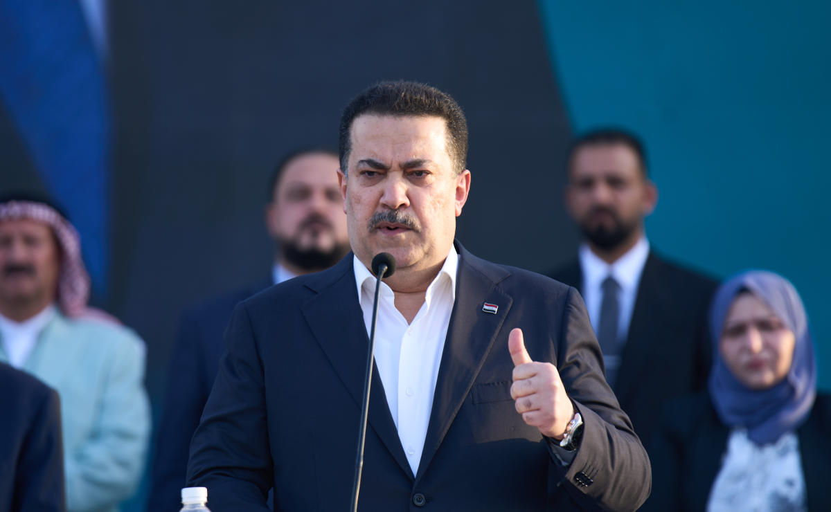 Iraqi Prime Minister Mohammed Shia al-Sudani speaks at his political block campaign rally before the parliamentary elections in Mosul, Iraq, Saturday, Oct. 18, 2025. (AP)