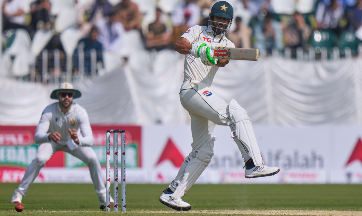 Pakistan's Shan Masood plays a shot during the first day of the second test cricket match between Pakistan and South Africa, at the Rawalpindi Cricket Stadium, in Rawalpindi, Pakistan, Monday, Oct. 20, 2025. (AP)
