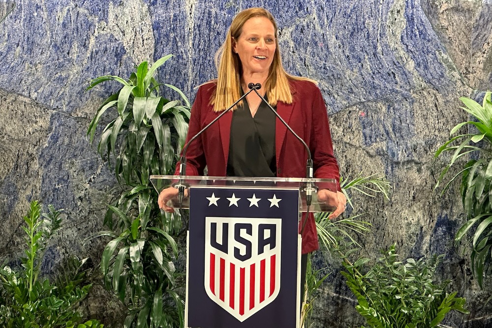 United States Soccer President Cindy Parlow Cone speaks at a news conference in New York Monday, to announce the US, Mexico, Jamaica, and Costa Rica have joined a proposal to co-host the 2031 Women’s World Cup, the only bid being considered by FIFA. (AP)