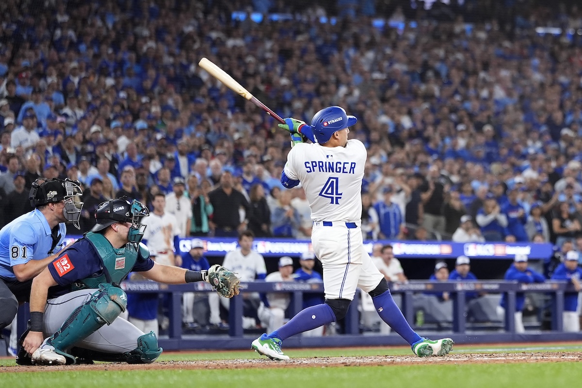 George Springer blasted a three-run home run to end the Toronto Blue Jays’ 32-year wait to return to the World Series on Monday. (Getty Images via AFP)