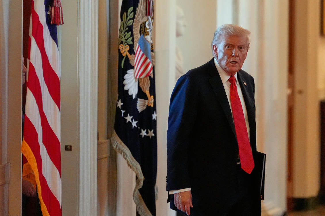 President Donald Trump arrives to speak during an event to welcome the 2025 LSU and LSU-Shreveport national champion baseball teams in the East Room of the White House, Monday, Oct. 20, 2025, in Washington. (AP)