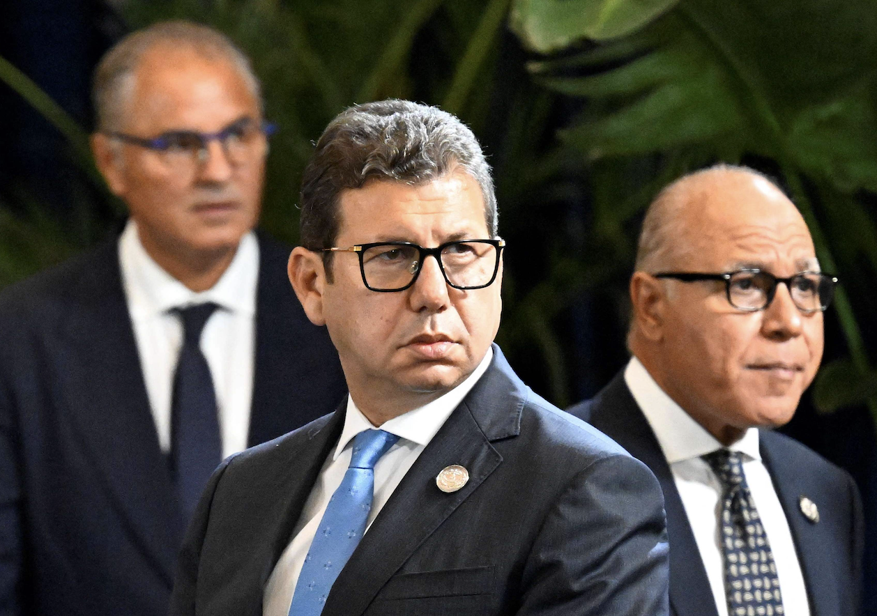 Egypt’s intelligence head Hassan Rashad (C) is pictured on the sidelines of a summit meeting on Gaza in the Red Sea resort of Sharm El-Sheikh. (File/AFP)