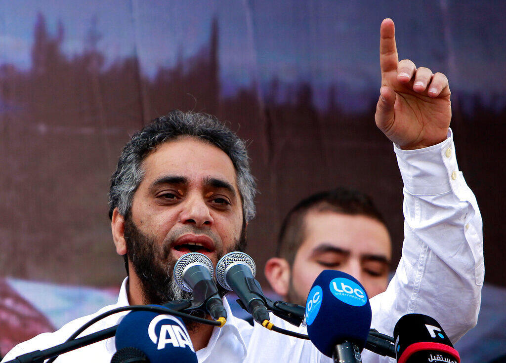 Lebanese pop idol Fadel Shaker delivers a sermon in support of Syrian rebel fighters and Syrian refugees after Friday prayers, in Beirut, Lebanon, Feb. 8, 2013. (AP Photo/Bilal Hussein, File)