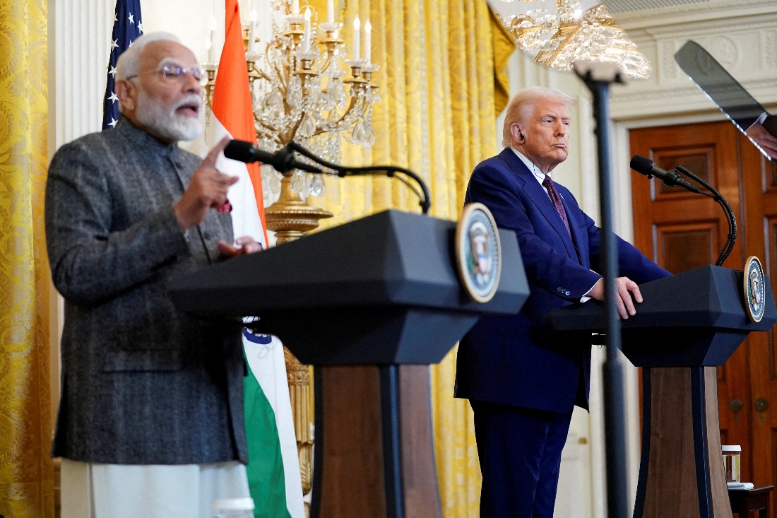 U.S. President Donald Trump listens as Indian Prime Minister Narendra Modi speaks during a joint press conference at the White House in Washington DC. (Reuters)