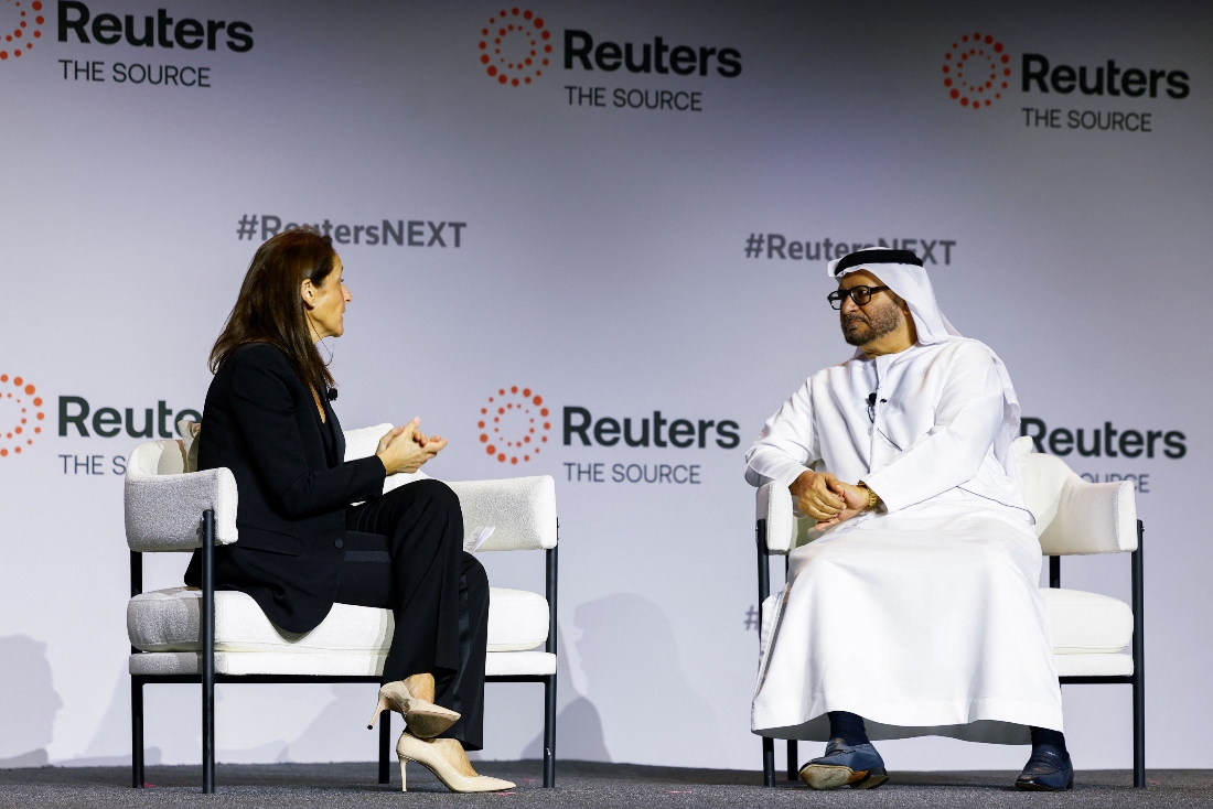 Reuters Editor-in-Chief Alessandra Galloni speaks with Diplomatic advisor to the United Arab Emirates President Anwar Gargash at the Reuters NEXT Gulf Summit, in Abu Dhabi, UAE. (Reuters)