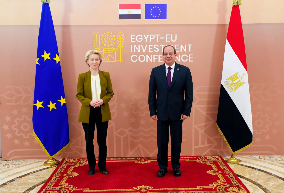 In this photo provided by Egypt's Presidency Media Office, Egyptian President Abdel-Fattah el-Sissi, and President of the European Commission, Ursula von der Leyen. (Egyptian Presidency Media Office via File)