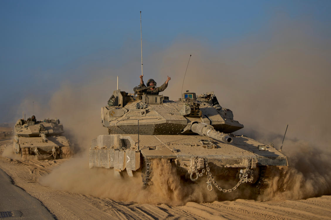 An Israeli tank along the Israeli-Gaza border where a US-led mission is preparing to monitor the Gaza ceasefire. (AP)