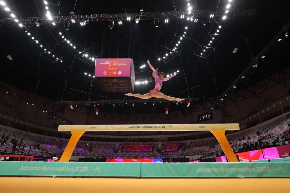 An Indonesian athlete trains at the Indonesia Arena in Jakarta on Oct. 18, 2025, ahead of the 53rd FIG Artistic Gymnastics World Championships. (JAGOC)