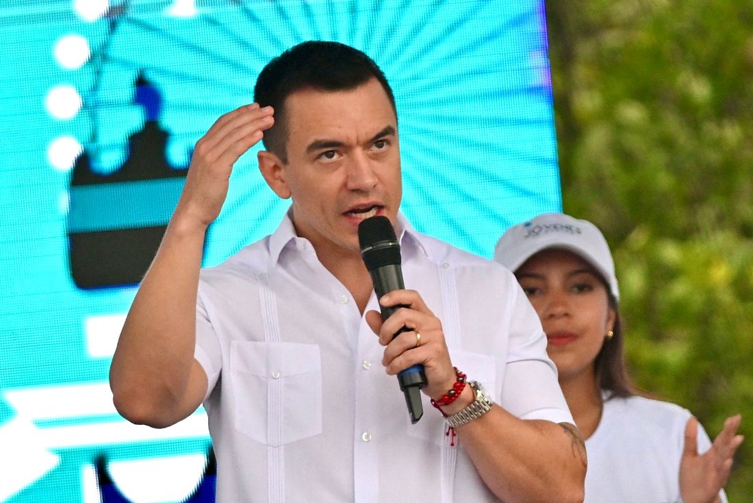 Ecuador's President Daniel Noboa gestures as he speaks during the Guayaquil Independence Festival at the Civic Center in Guayaquil, Ecuador. (AFP)