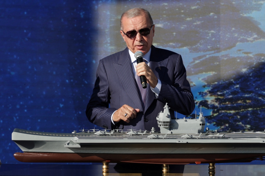 Turkish President Tayyip Erdogan delivers a speech during the Teknofest Blue Homeland event at the Naval Shipyard Command in Istanbul, Turkiye. (Reuters)