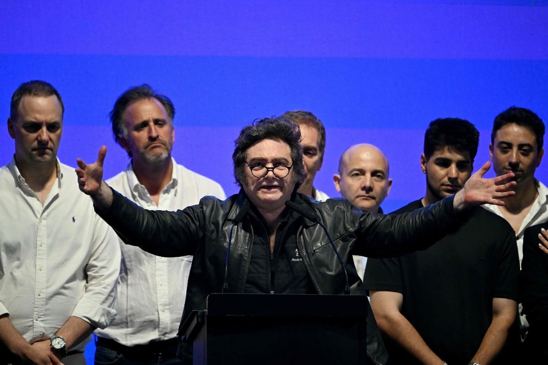 Argentina's President Javier Milei speaks to supporters during the closing campaign rally of Libertad Avanza party ahead of the upcoming legislative elections in Rosario, Santa Fe province, Argentina. (AFP)