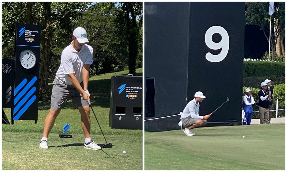 Left: Khaled Attieh on the 11th tee during the second round of the International Series Phiippines on Friday; right: Faisal Salhab lines up his putt on the ninth green during the International Series Philippines second round Friday. (AN Photos/Philip Evardone)