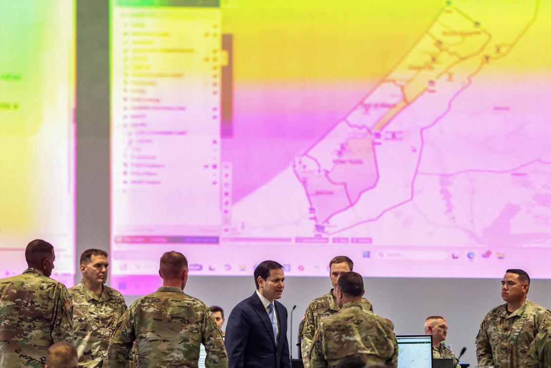 US Secretary of State Marco Rubio speaks with US military personnel as he visits the Civil-Military Coordination Center in southern Israel on Friday. (AFP)