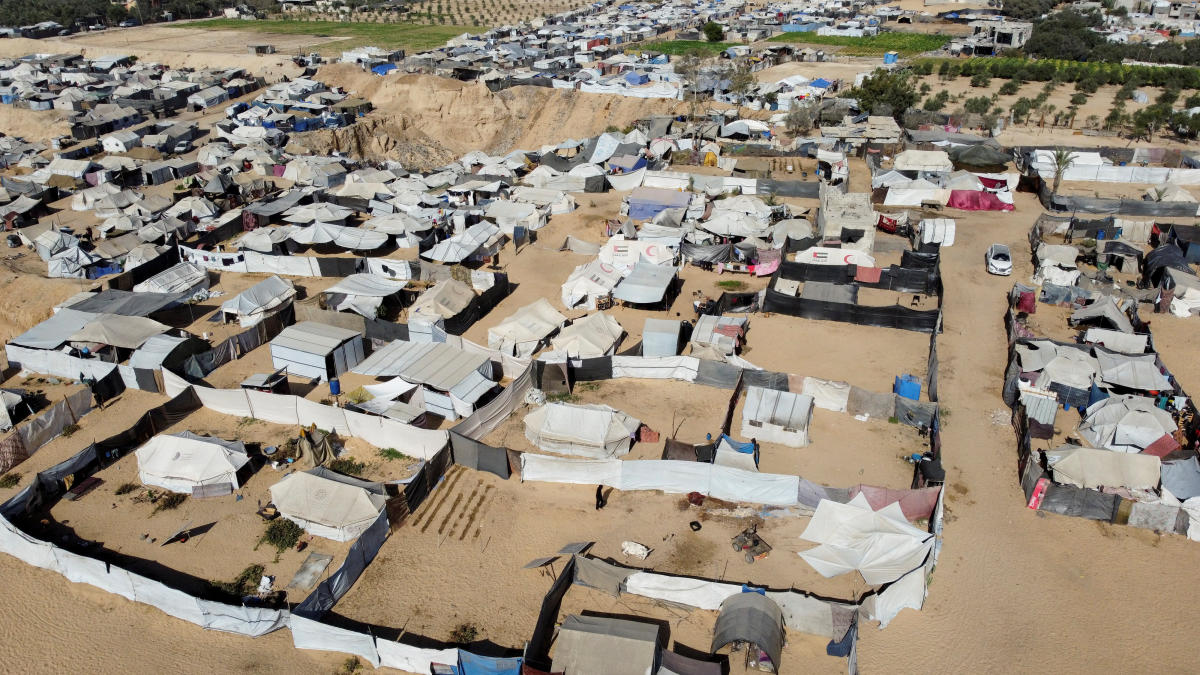 A drone view shows tents of displaced Palestinians, amid a ceasefire between Israel and Hamas in Gaza, in Deir Al-Balah, in the central Gaza Strip, Oct. 22, 2025. (Reuters)
