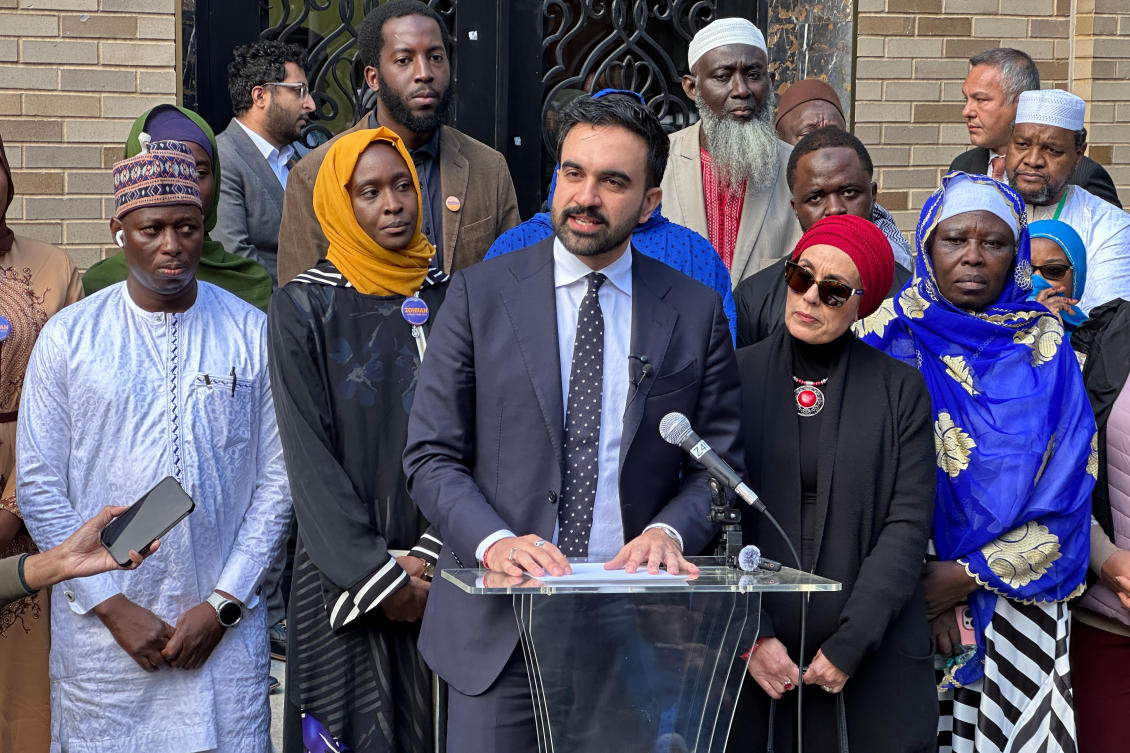 New York City Democratic mayoral candidate Zohran Mamdani speaks at the Islamic Cultural Center of the Bronx mosque in New York on Friday. (AP)