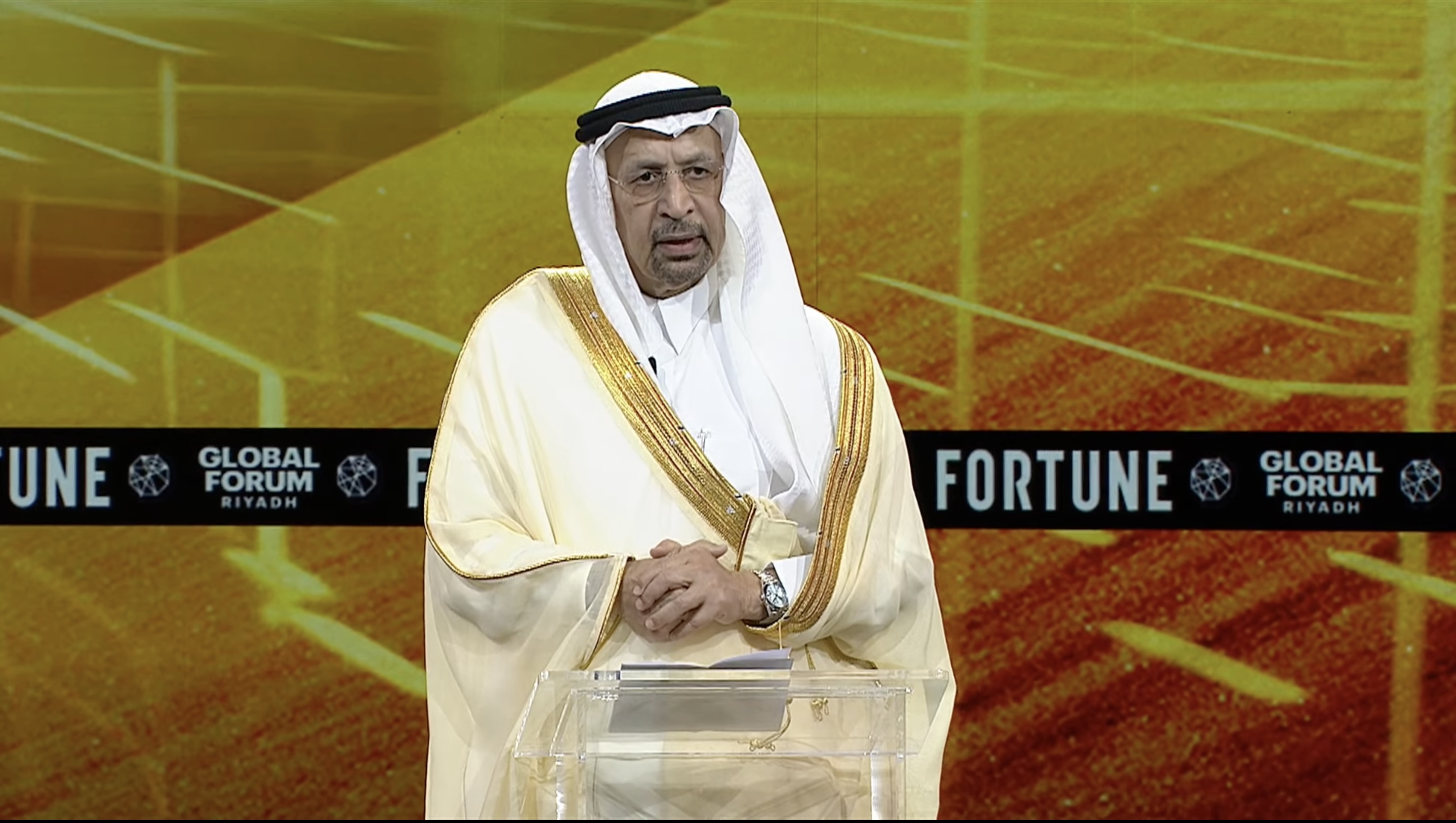 Saudi Investment Minister Khalid Al-Falih speaks at the Fortune Global Forum Conference in Riyadh on Sunday.