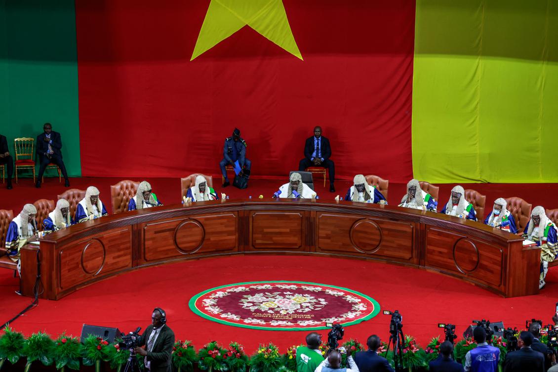 Members of Cameroon’s Constitutional Council read out presidential election results at the Yaounde Conference Center in Yaounde on Oct. 27, 2025. (AFP)