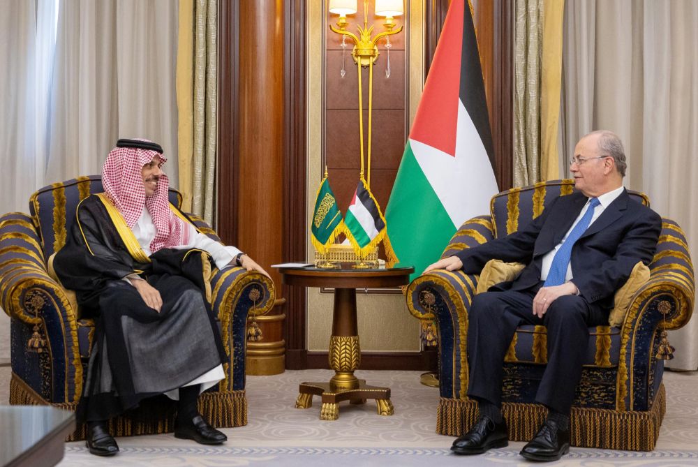 Saudi Arabia’s Foreign Minister Prince Faisal bin Farhan met Palestinian Prime Minister Mohammad Mustafa in Riyadh. (X/@KSAMOFA)