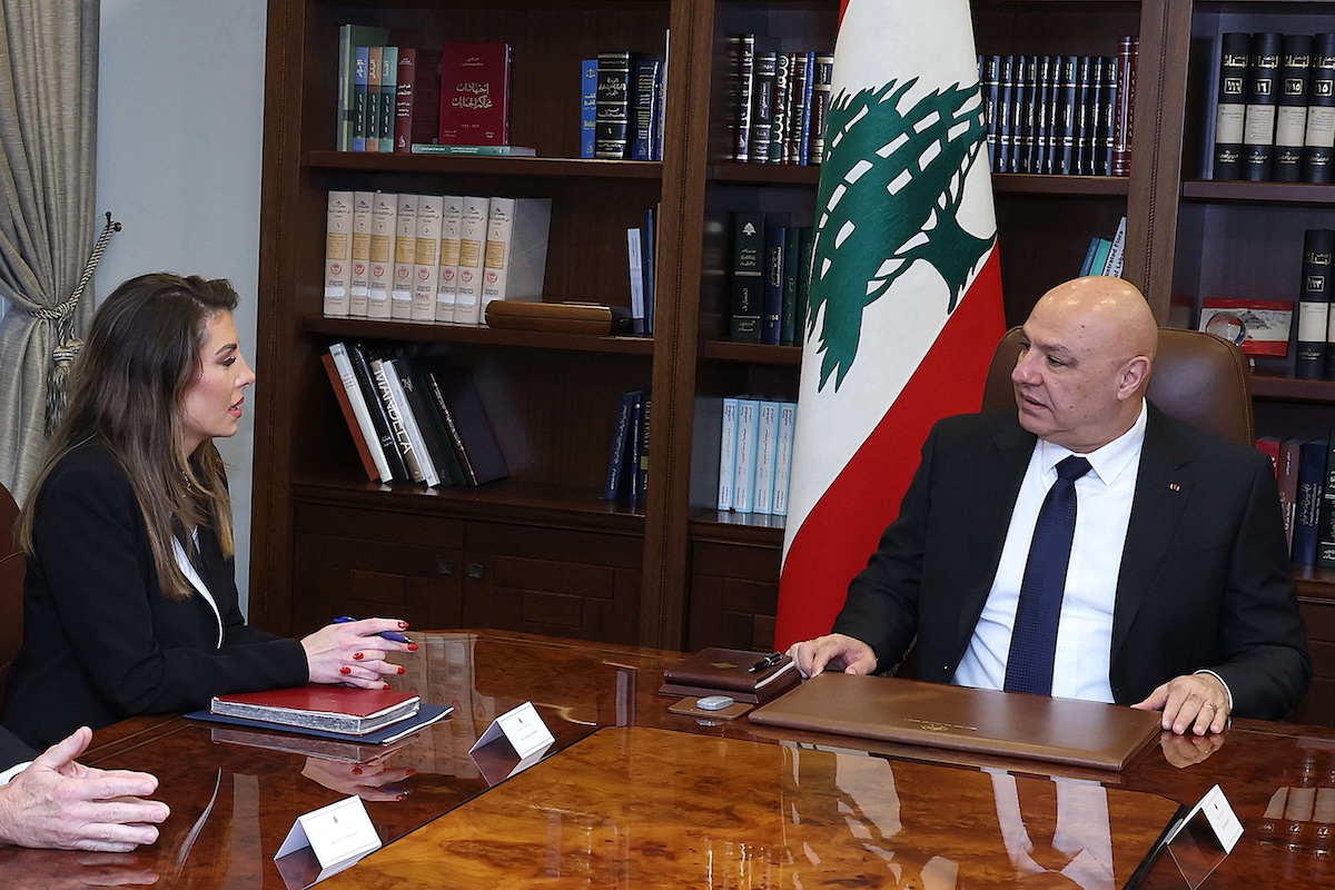 In this handout photograph released by the Lebanese Presidency press office on October 28, 2025, US Middle East envoy Morgan Ortagus (L) meets with Lebanese President Joseph Aoun to discuss the ongoing violence with Israel and possible political negotiations, at the presidential palace in Baabda, east of Beirut. (FILE/AFP)