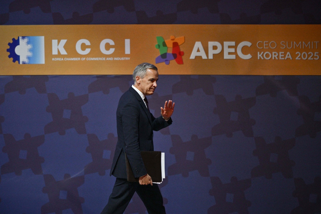 Canada's Prime Minister Mark Carney leaves after delivering a speech during the Asia-Pacific Economic Cooperation (APEC) CEO Summit at the Gyeongju Arts Center in Gyeongju. (AFP)