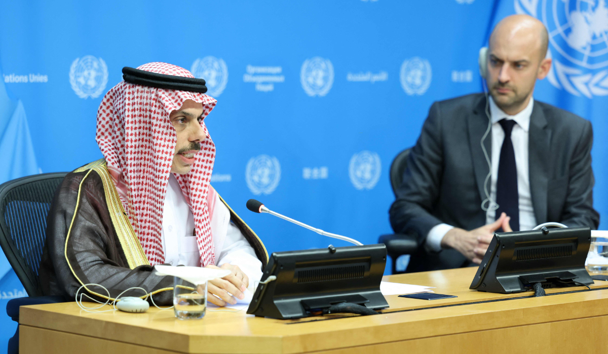 Saudi Foreign Minister Faisal bin Farhan and French FM Jean-Noel Barrot speak during a press conference in New York City. (AFP)