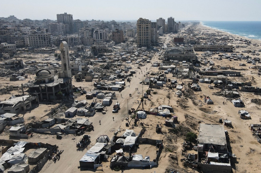 An aerial view shows tents sheltering displaced Palestinians in the war-damaged area surrounding Gaza City's port. (AFP)