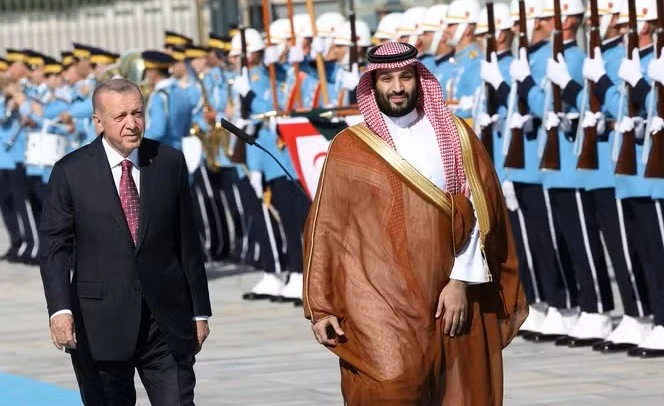 President Recep Tayyip Erdogan and Crown Prince Mohammed bin Salman in Ankara, Turkiye, June 22, 2022. (AFP)