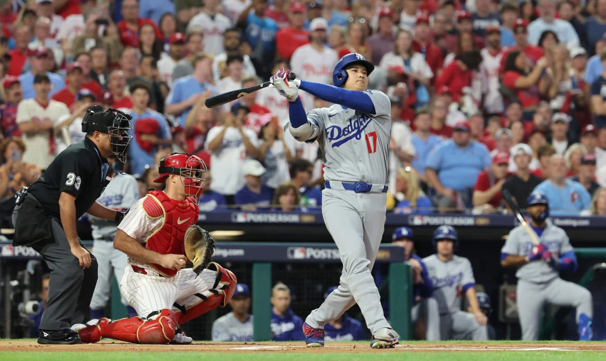 Shohei Ohtani #17 of the Los Angeles Dodgers swings at bat in the first inning against the Philadelphia Phillies in game one of the Division Series at Citizens Bank Park on October 04, 2025 in Philadelphia, Pennsylvania. (AFP)