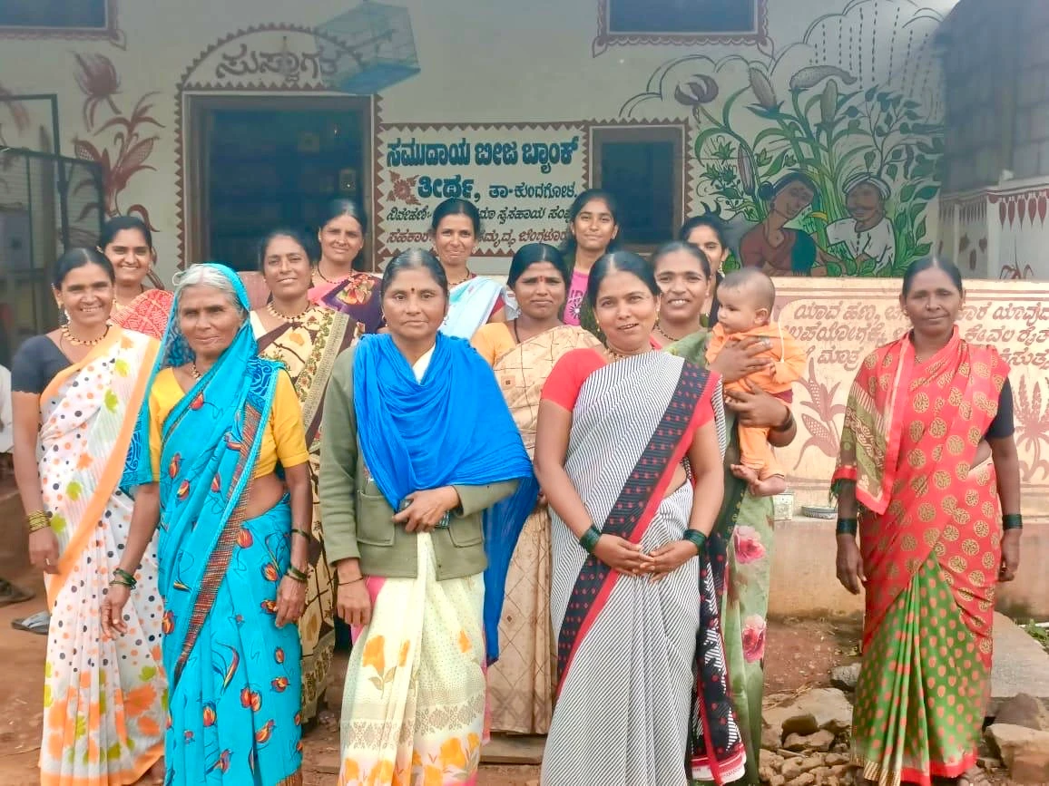 Bibi Jaan, third in the last row, and members of her self-help group pose for a photo in Teertha village, Dharwad, Karnataka, September 2025. (Sahaja Samrudha)