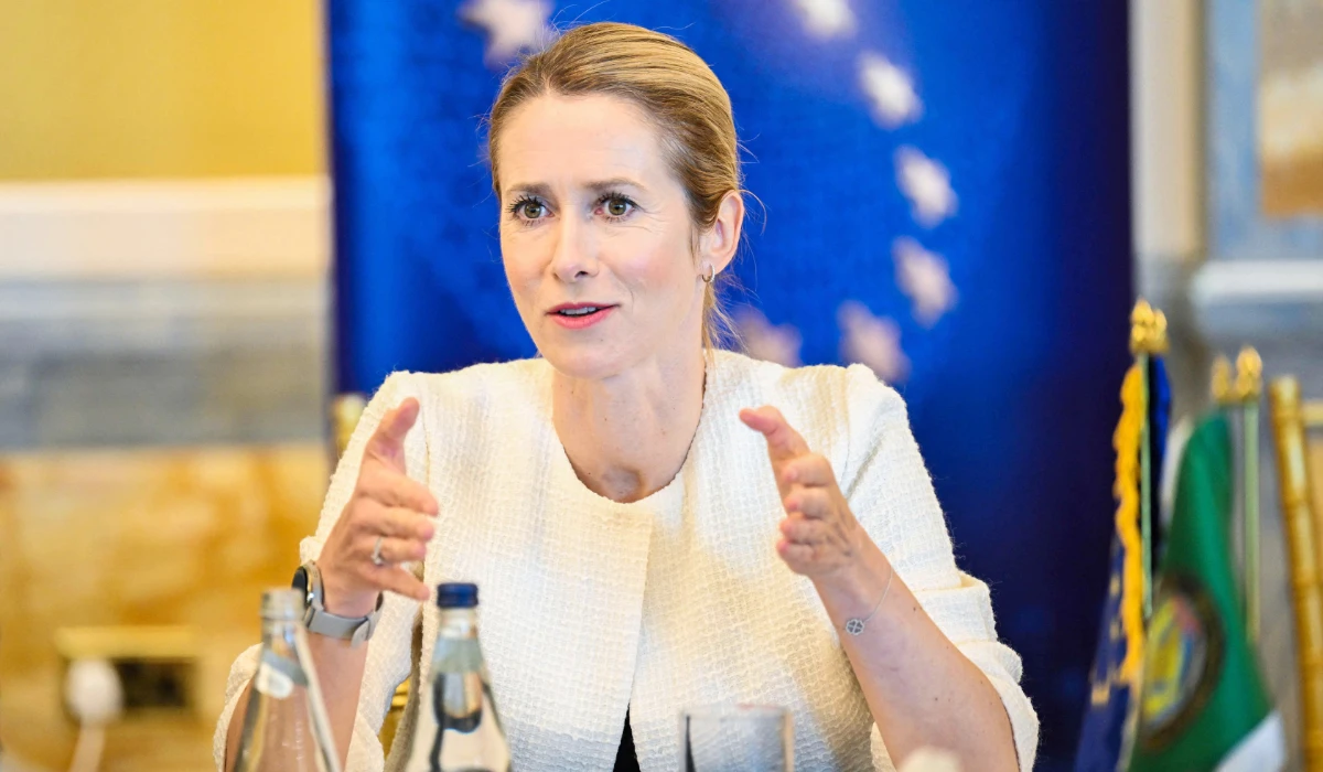 EU High Representative for Foreign Affairs and Security Policy Kaja Kallas talks to the press after attending the 29th GCC-EU 29th Joint Ministerial Meeting in Kuwait City on October 6, 2025. (AFP)