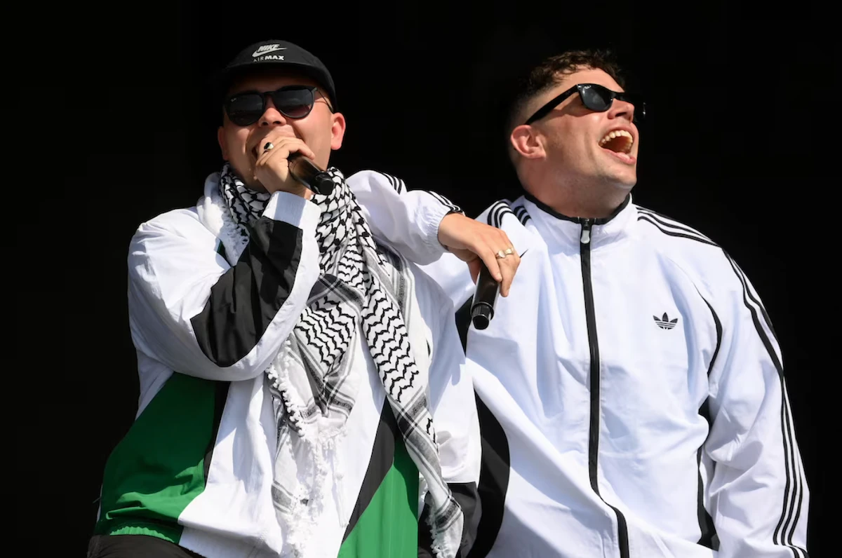 Moglai Bap and Mo Chara of Kneecap perform at Glastonbury Festival at Worthy Farm in Pilton, Somerset, Britain, June 28, 2025. (Reuters)